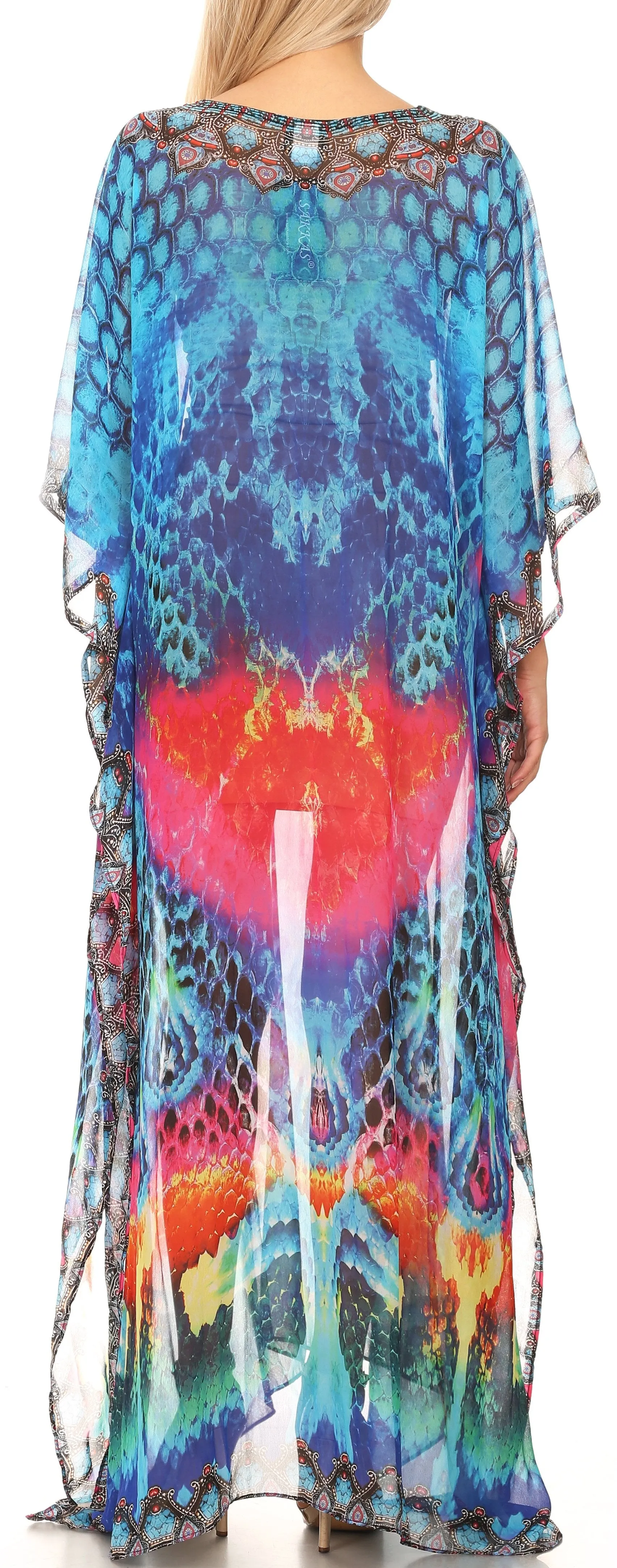 Sakkas Wilder Printed Design Long Sheer Rhinestone Caftan Dress / Cover Up