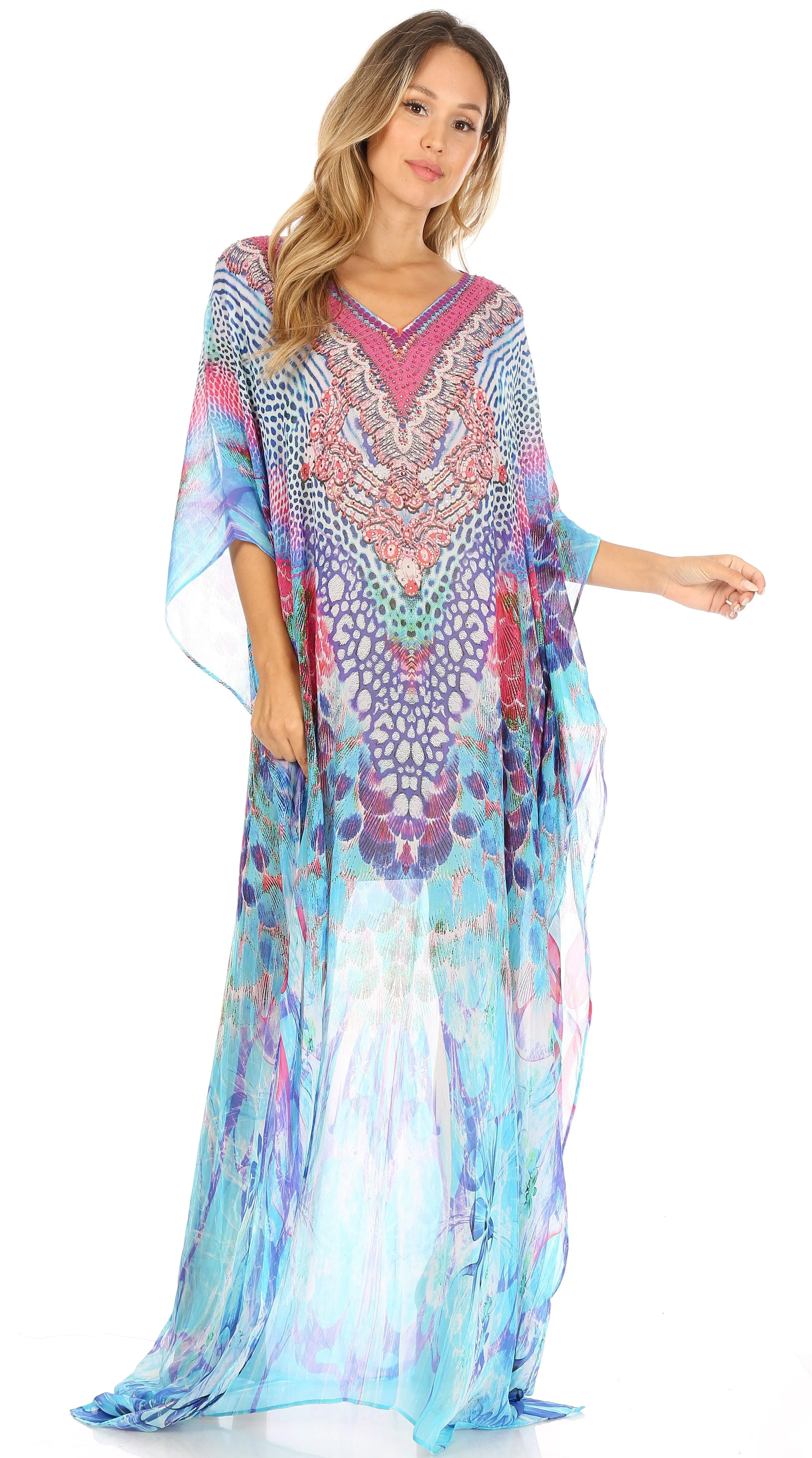 Sakkas Wilder Printed Design Long Sheer Rhinestone Caftan Dress / Cover Up