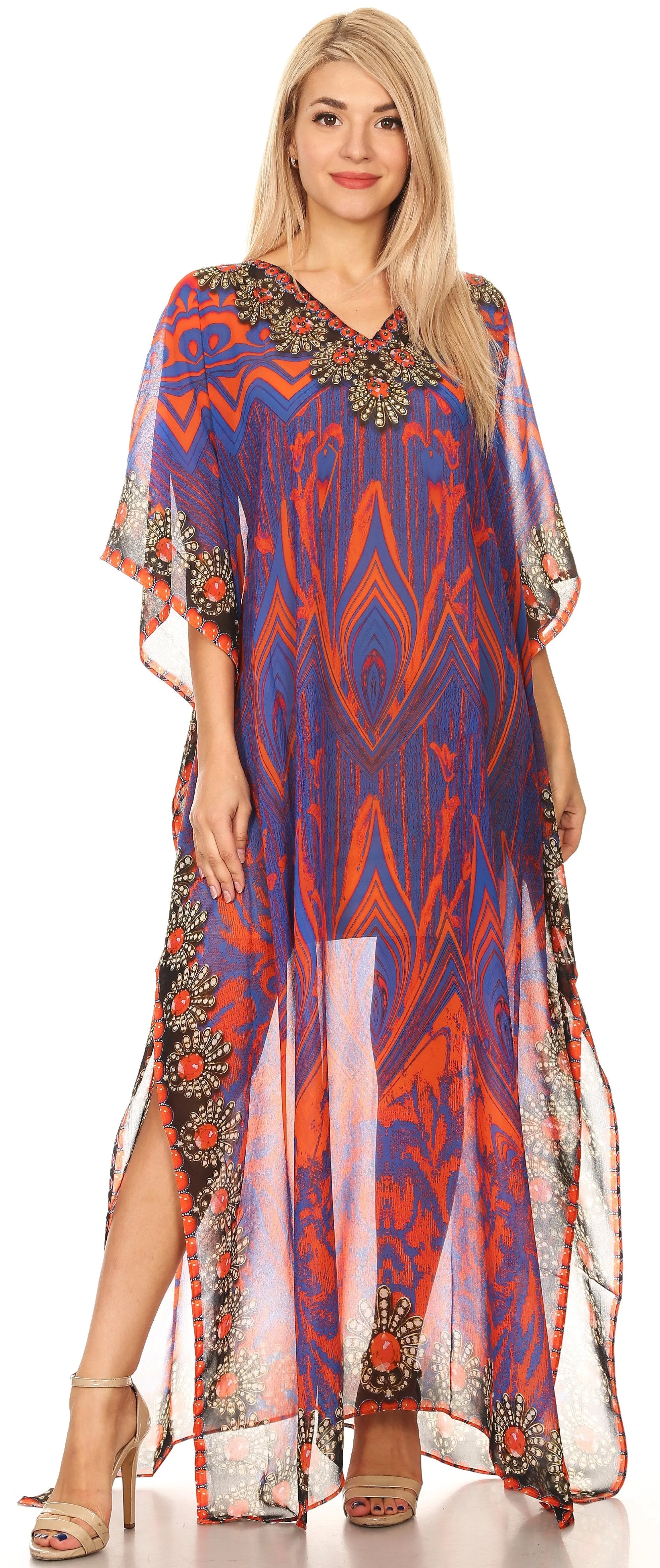 Sakkas Wilder Printed Design Long Sheer Rhinestone Caftan Dress / Cover Up