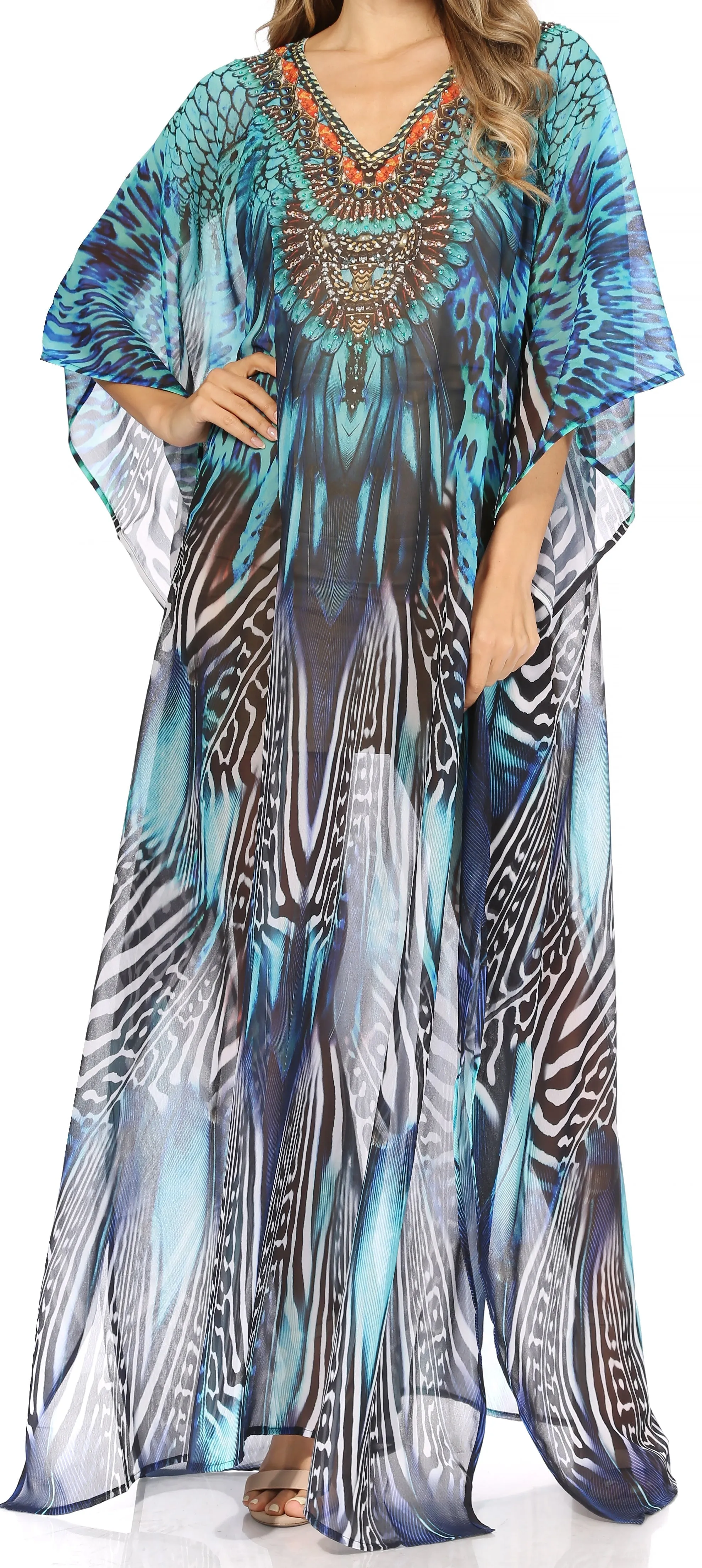 Sakkas Wilder Printed Design Long Sheer Rhinestone Caftan Dress / Cover Up