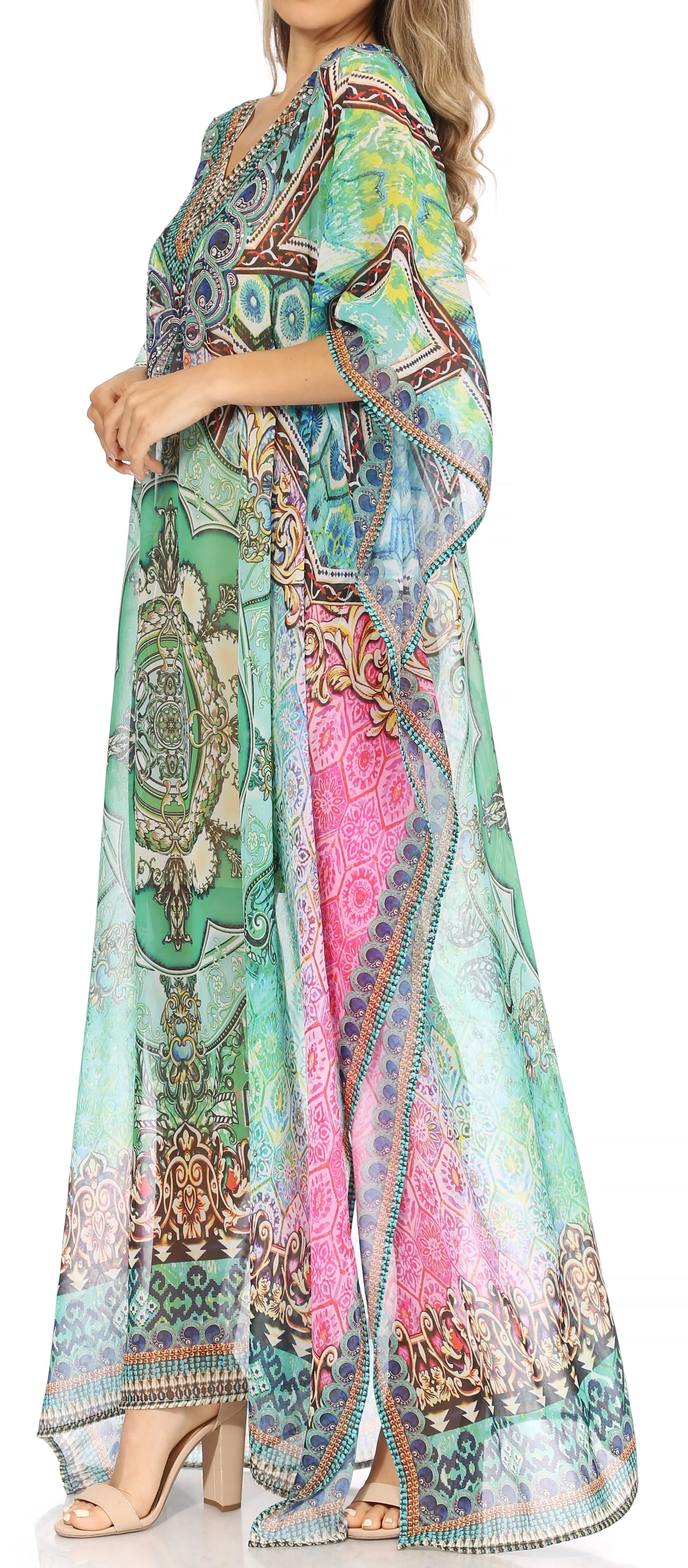 Sakkas Wilder Printed Design Long Sheer Rhinestone Caftan Dress / Cover Up