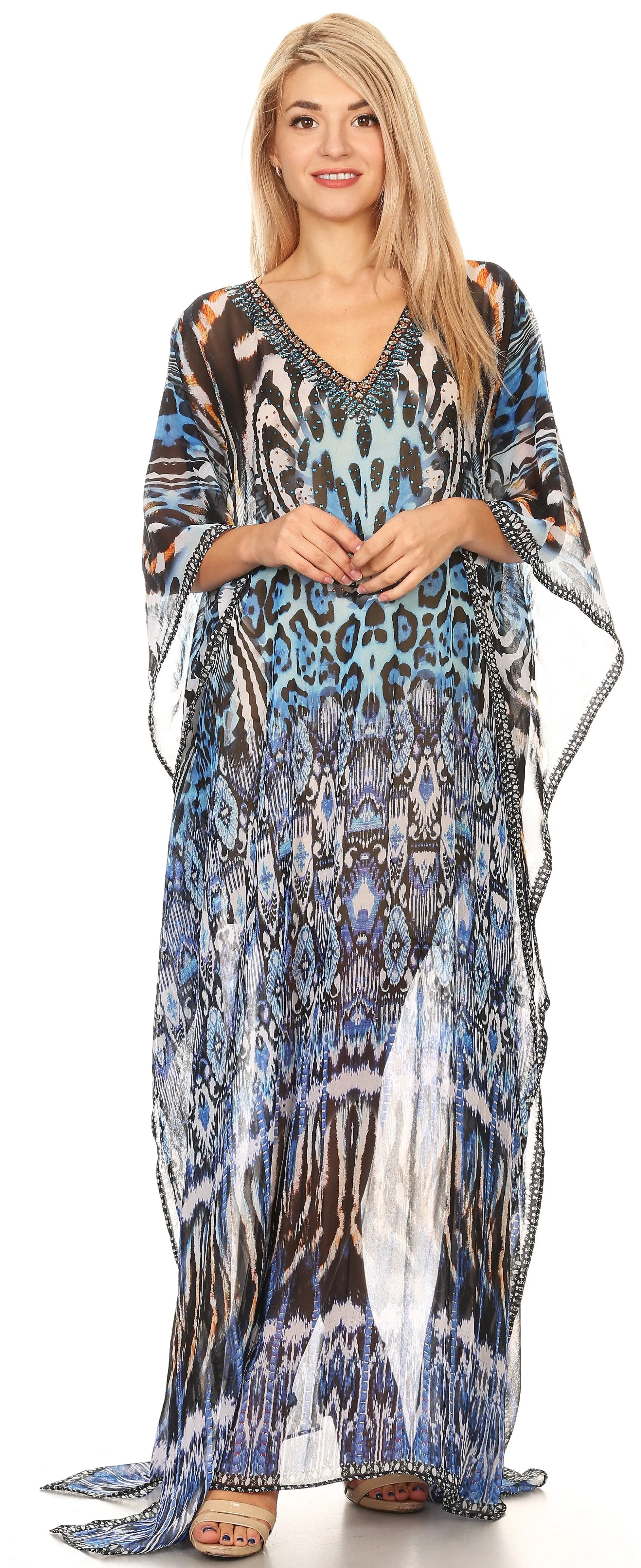 Sakkas Wilder Printed Design Long Sheer Rhinestone Caftan Dress / Cover Up