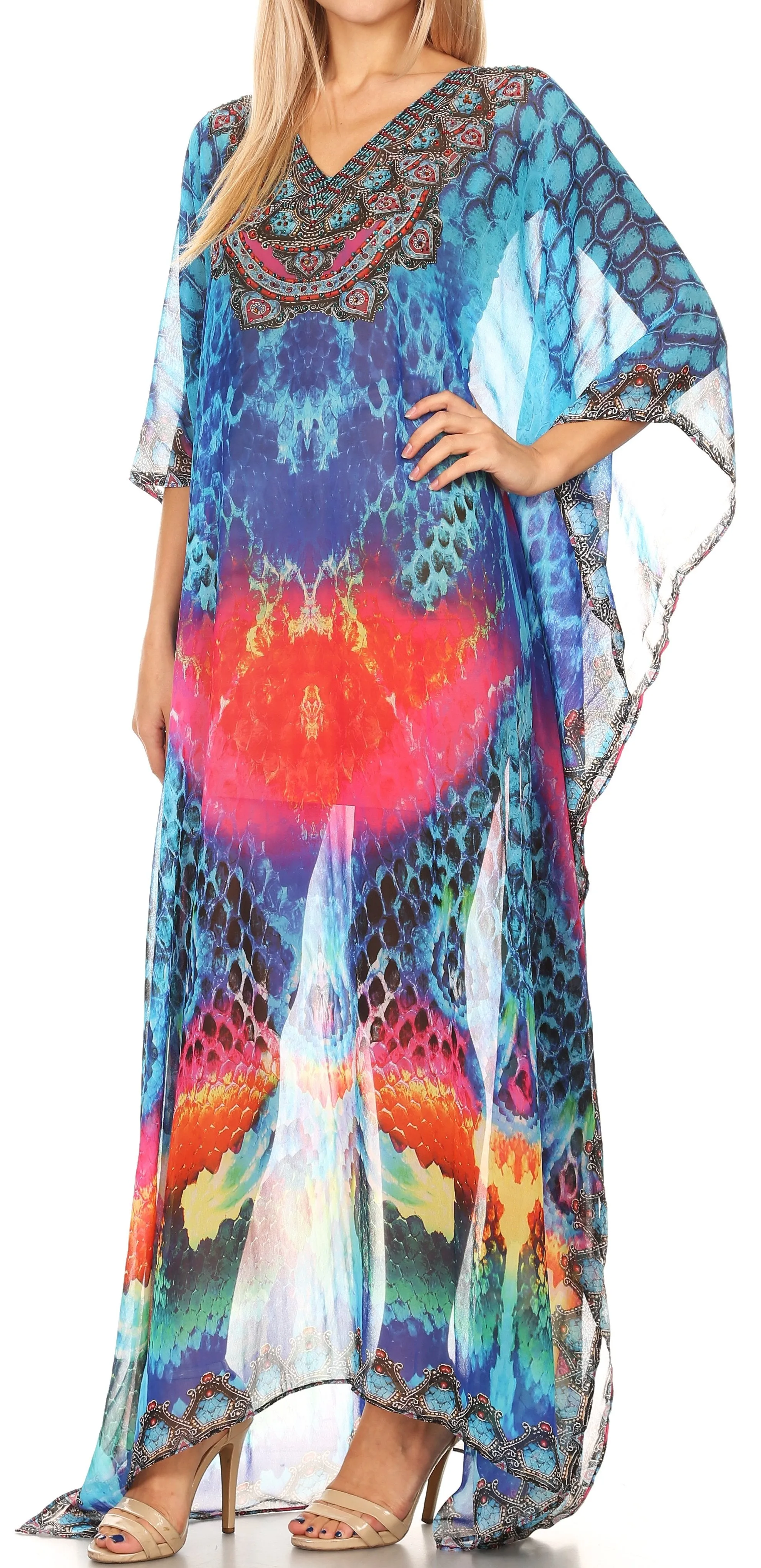 Sakkas Wilder Printed Design Long Sheer Rhinestone Caftan Dress / Cover Up