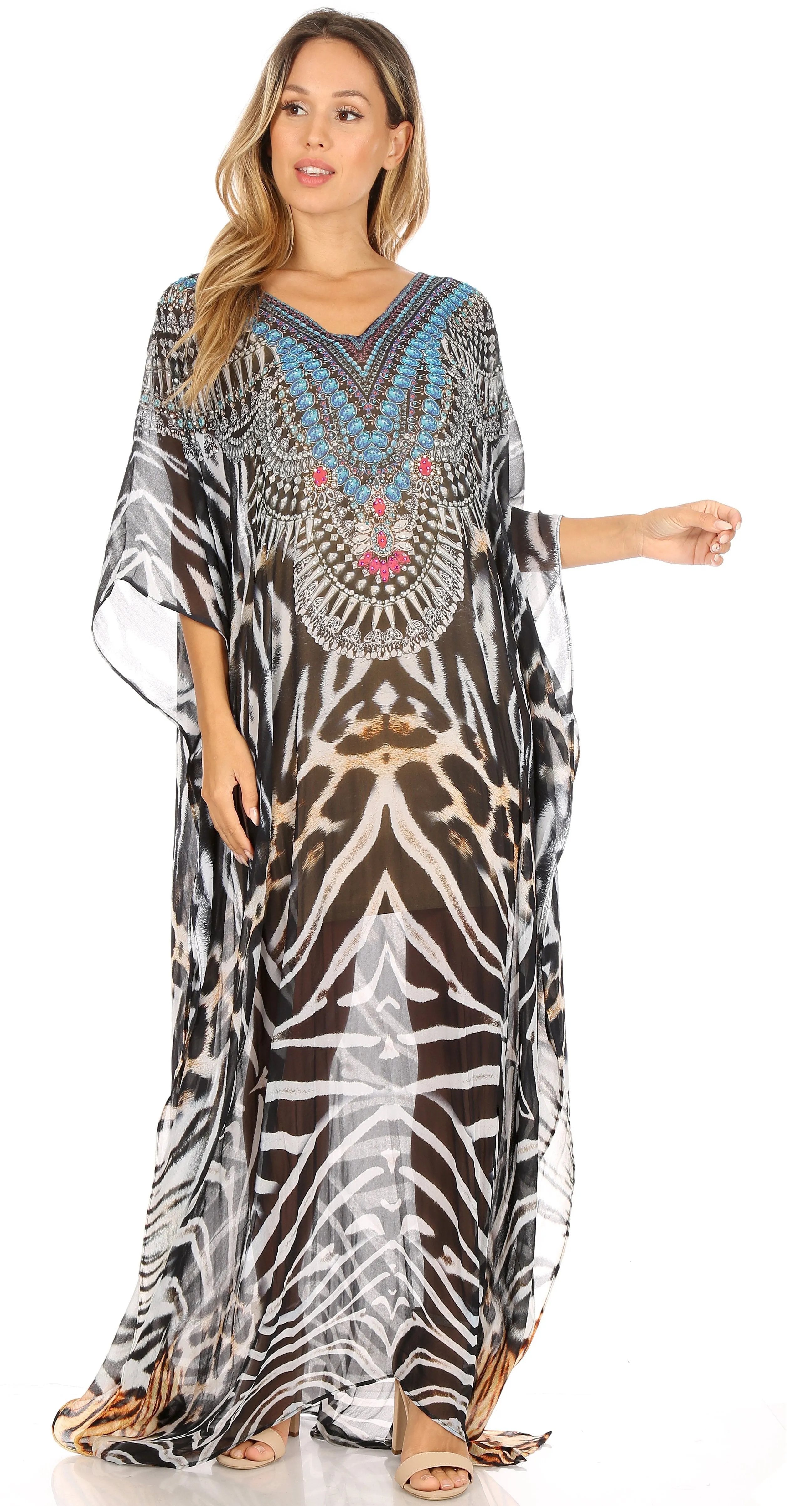 Sakkas Wilder Printed Design Long Sheer Rhinestone Caftan Dress / Cover Up