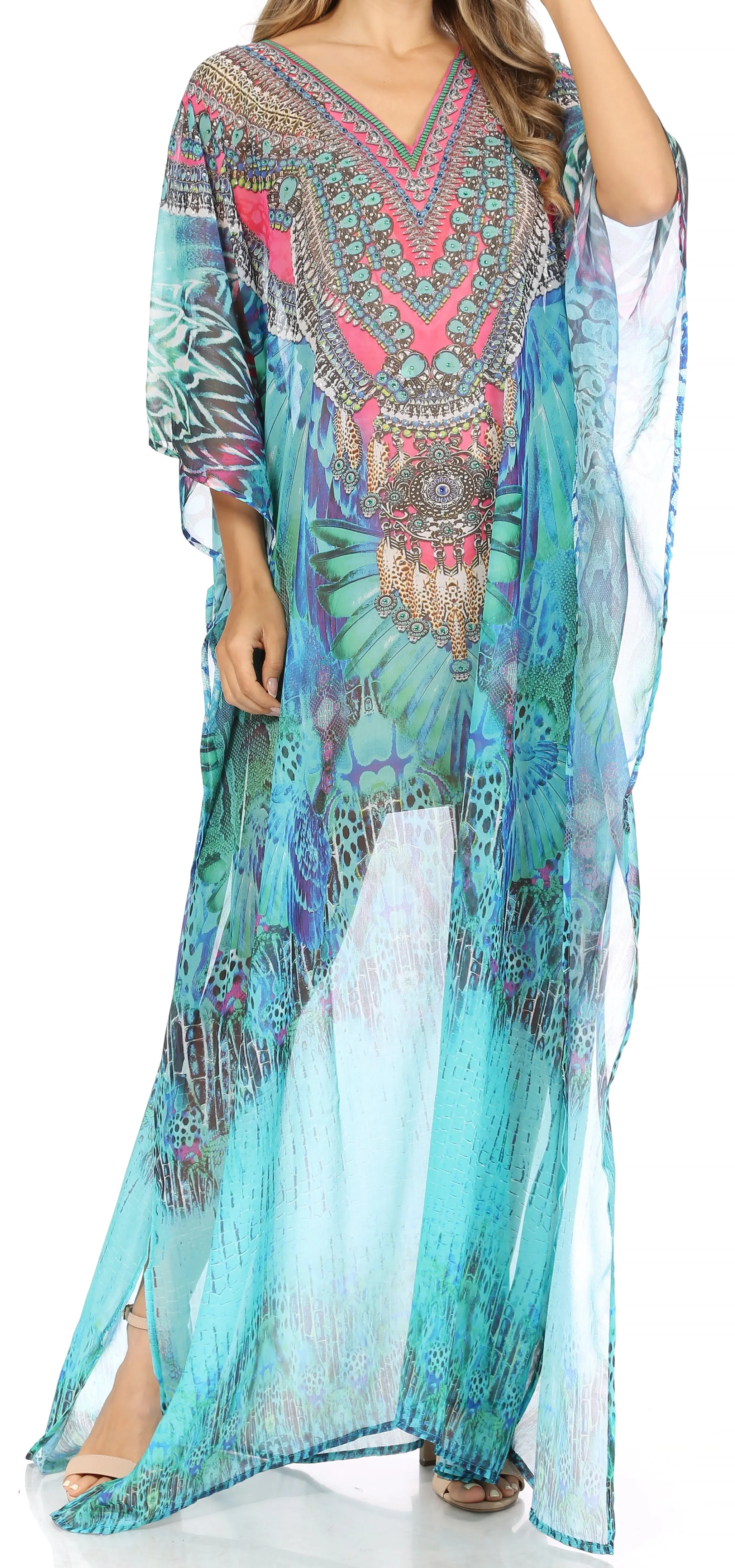 Sakkas Wilder Printed Design Long Sheer Rhinestone Caftan Dress / Cover Up