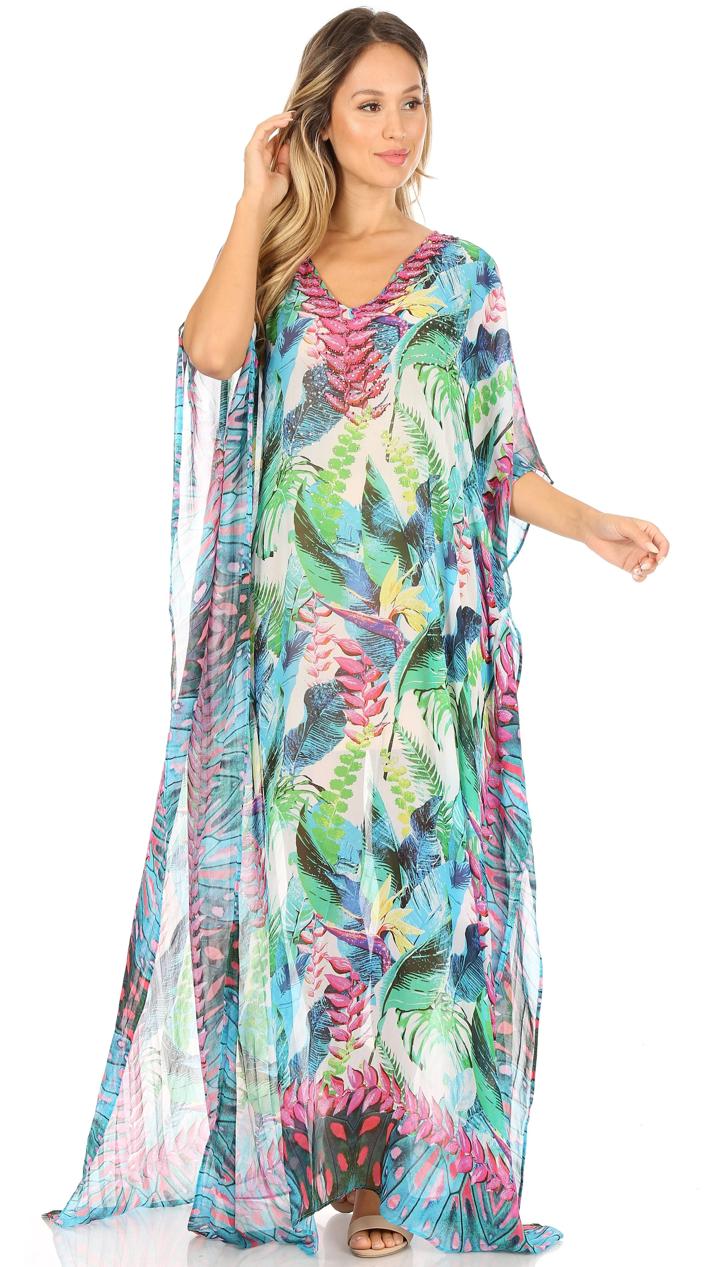 Sakkas Wilder Printed Design Long Sheer Rhinestone Caftan Dress / Cover Up