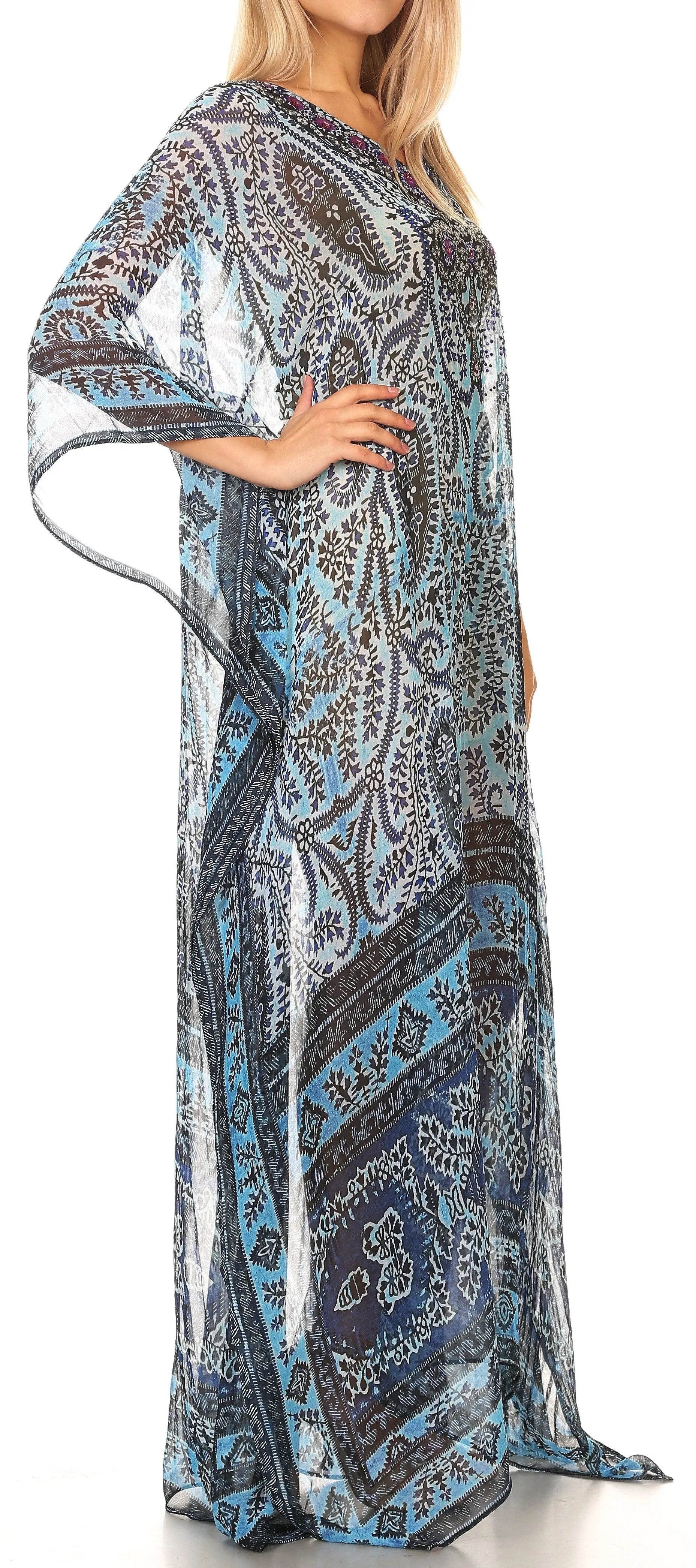 Sakkas Wilder Printed Design Long Sheer Rhinestone Caftan Dress / Cover Up