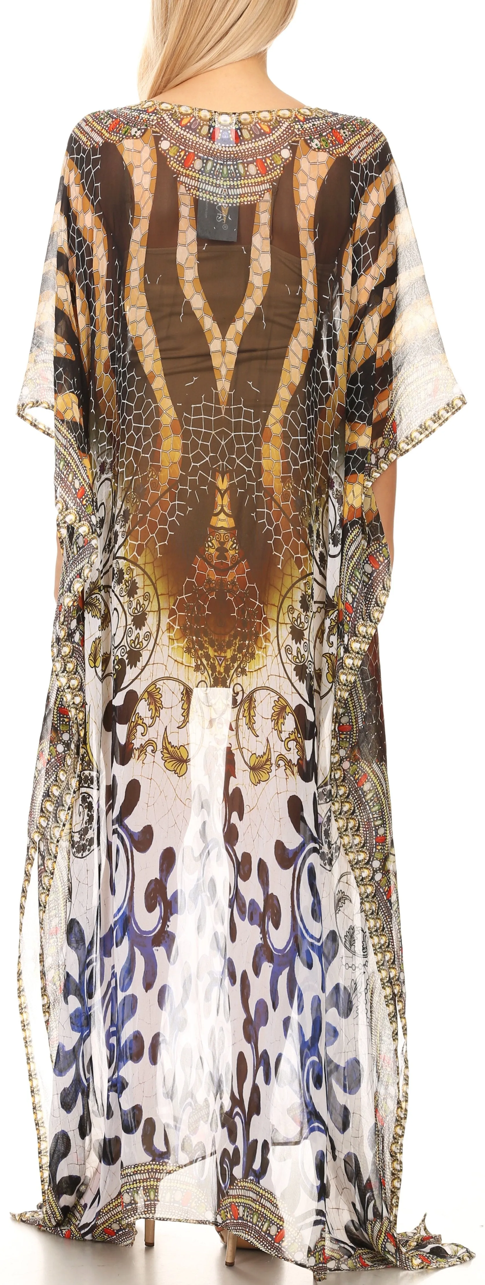 Sakkas Wilder Printed Design Long Sheer Rhinestone Caftan Dress / Cover Up