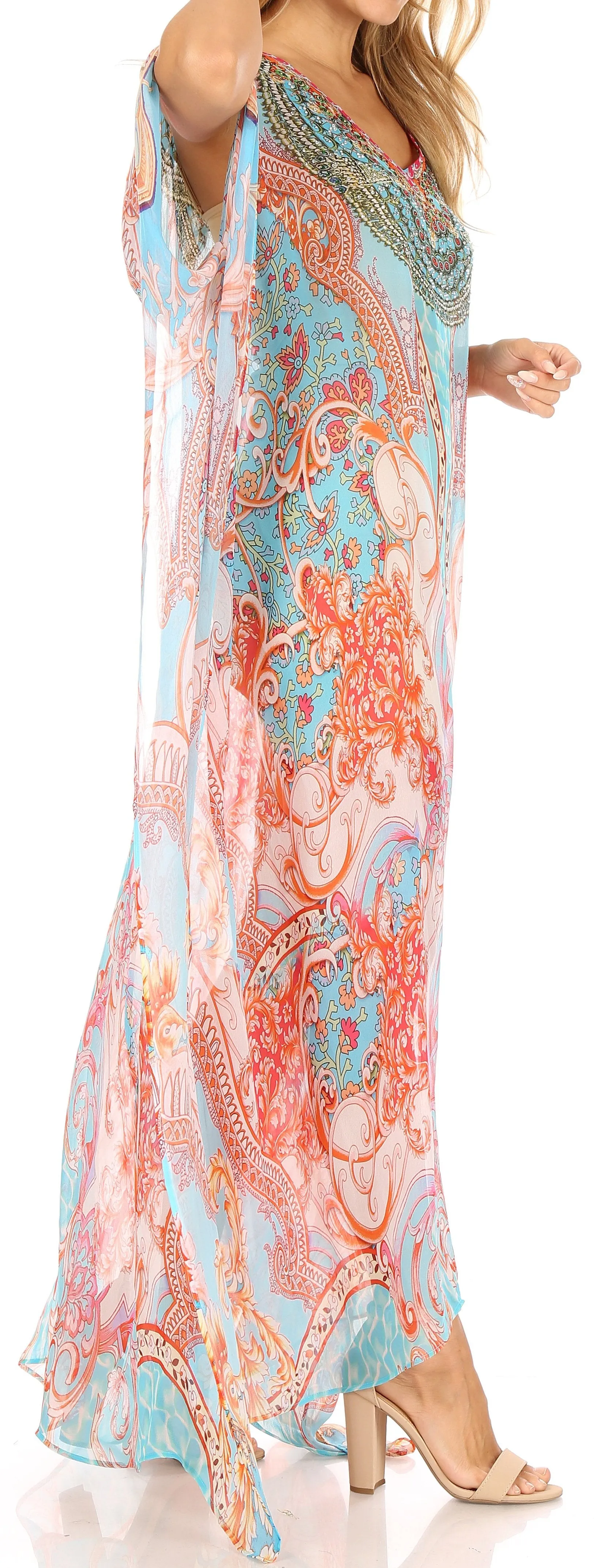 Sakkas Wilder Printed Design Long Sheer Rhinestone Caftan Dress / Cover Up