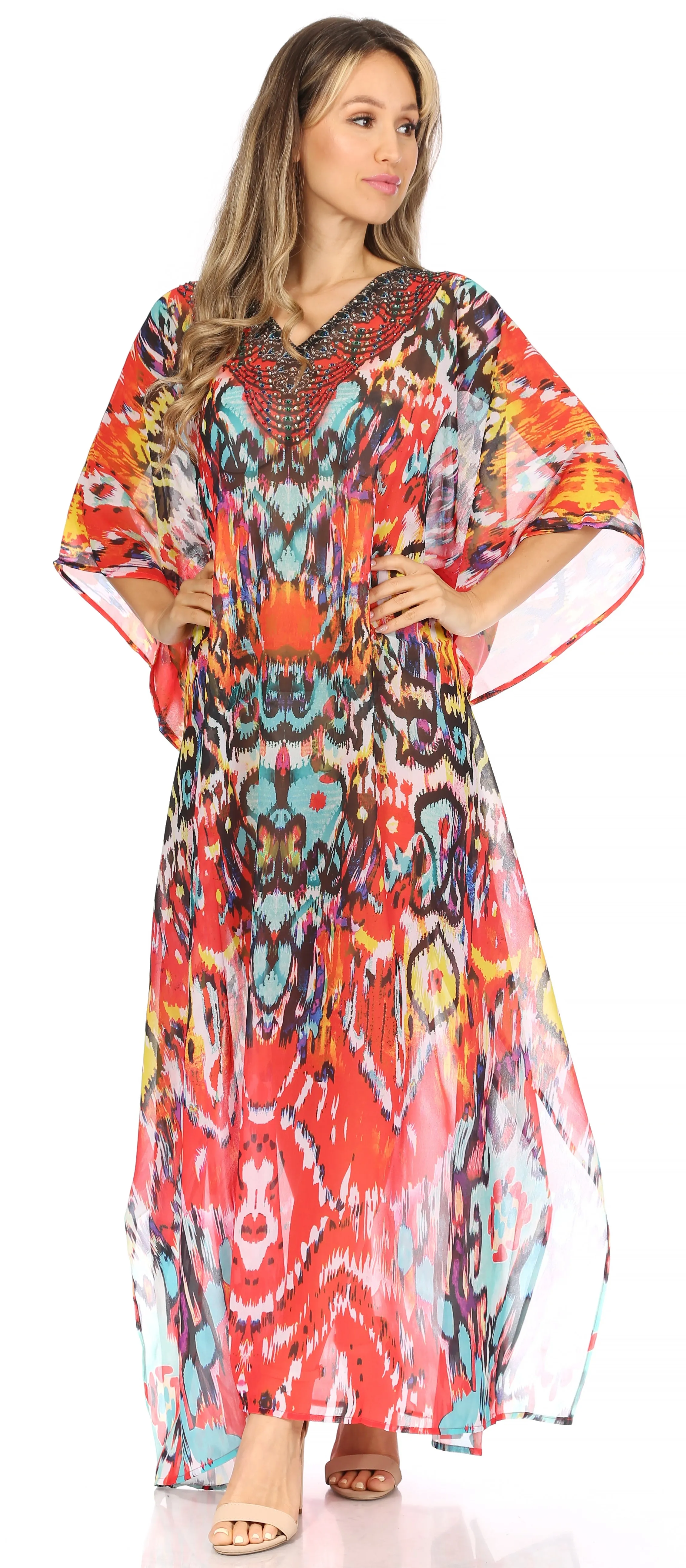 Sakkas Wilder Printed Design Long Sheer Rhinestone Caftan Dress / Cover Up