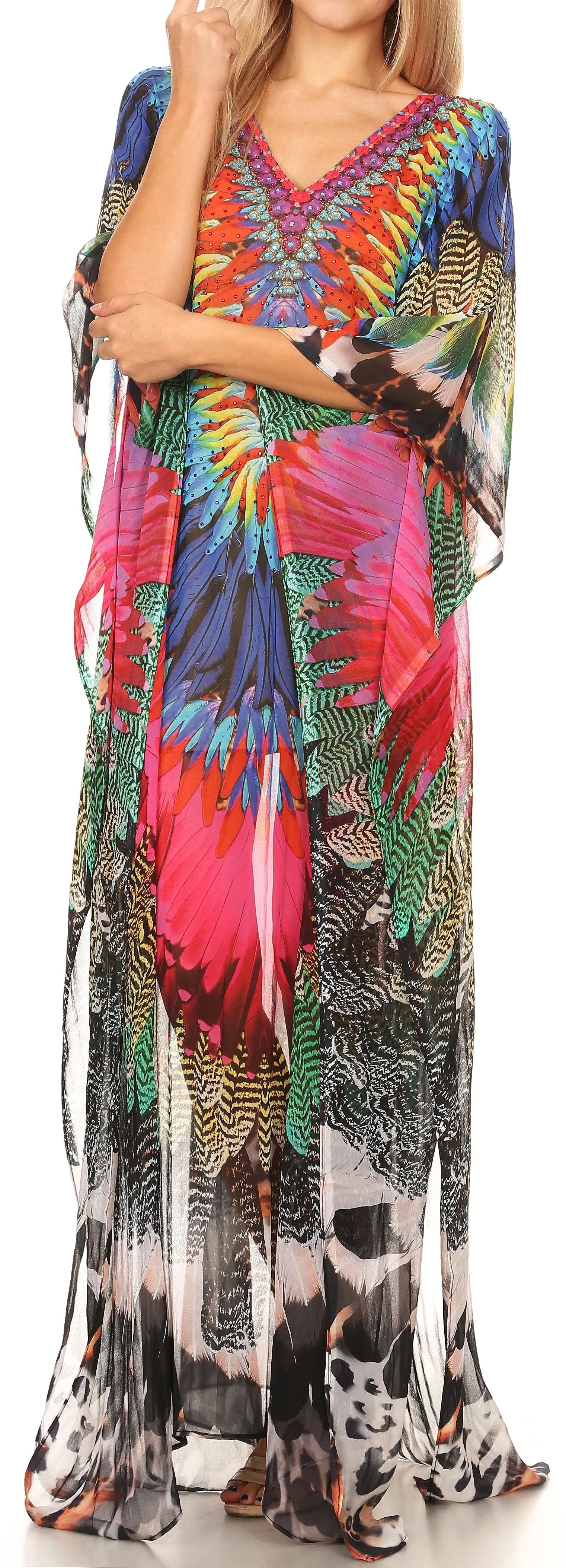 Sakkas Wilder Printed Design Long Sheer Rhinestone Caftan Dress / Cover Up