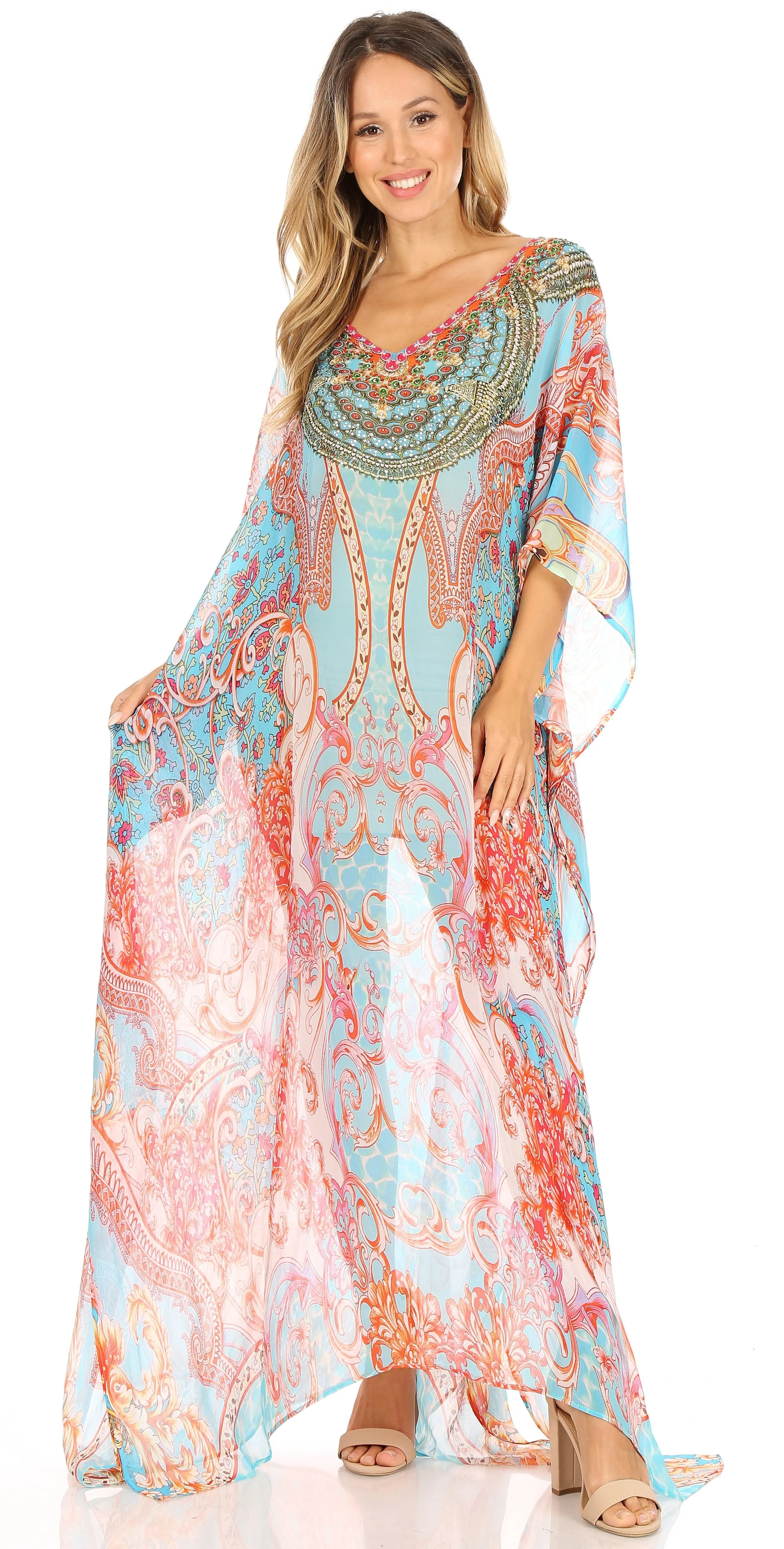 Sakkas Wilder Printed Design Long Sheer Rhinestone Caftan Dress / Cover Up