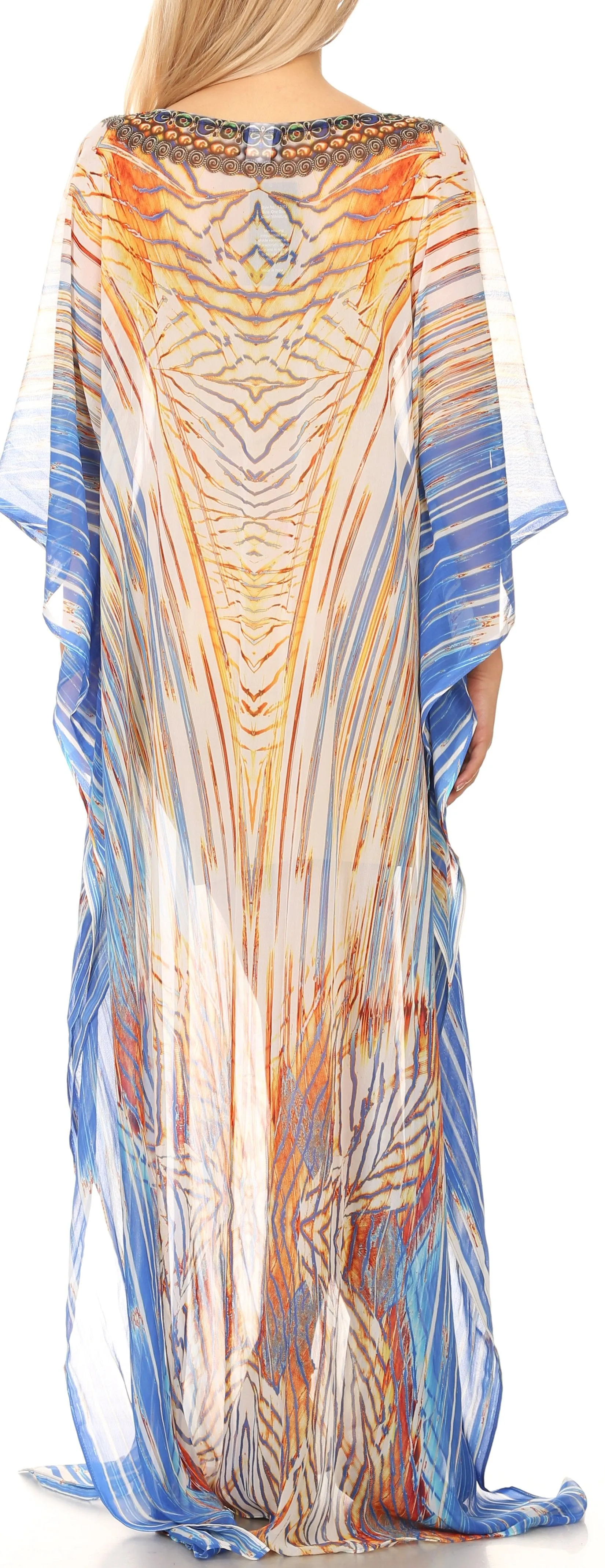 Sakkas Wilder Printed Design Long Sheer Rhinestone Caftan Dress / Cover Up