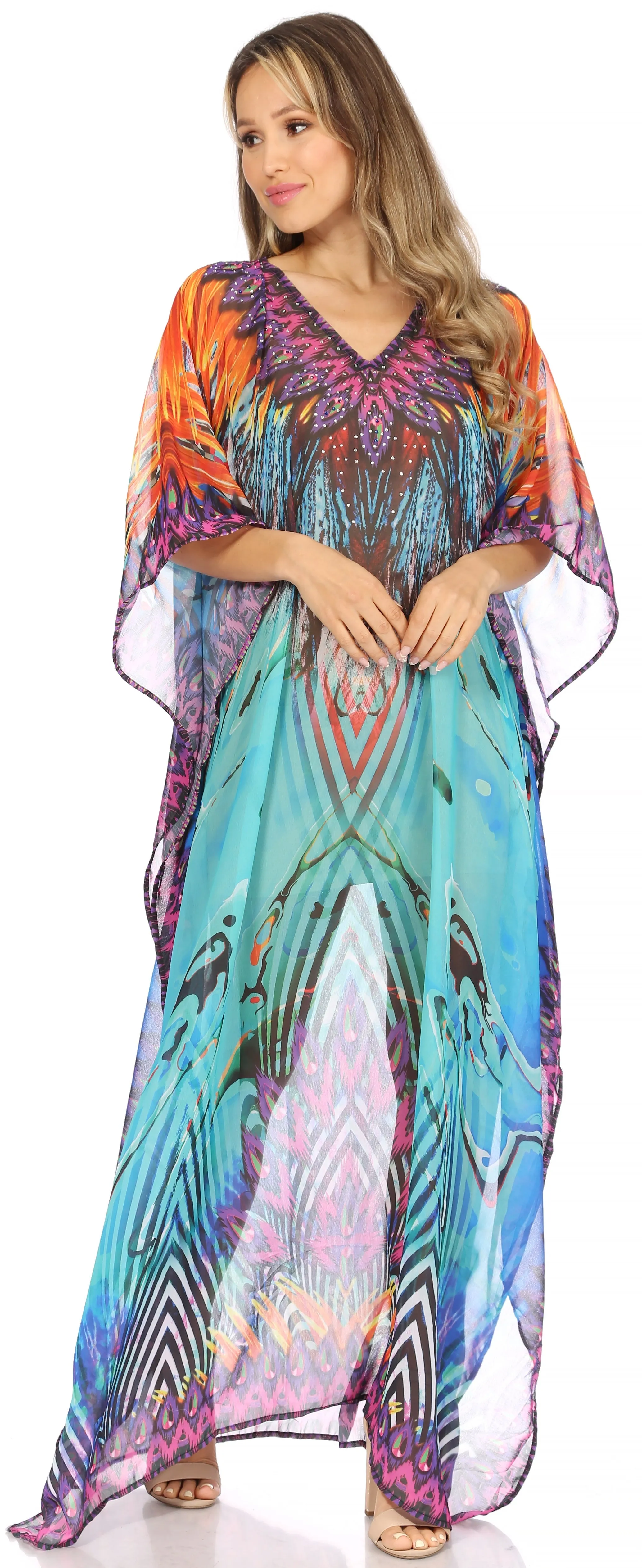 Sakkas Wilder Printed Design Long Sheer Rhinestone Caftan Dress / Cover Up