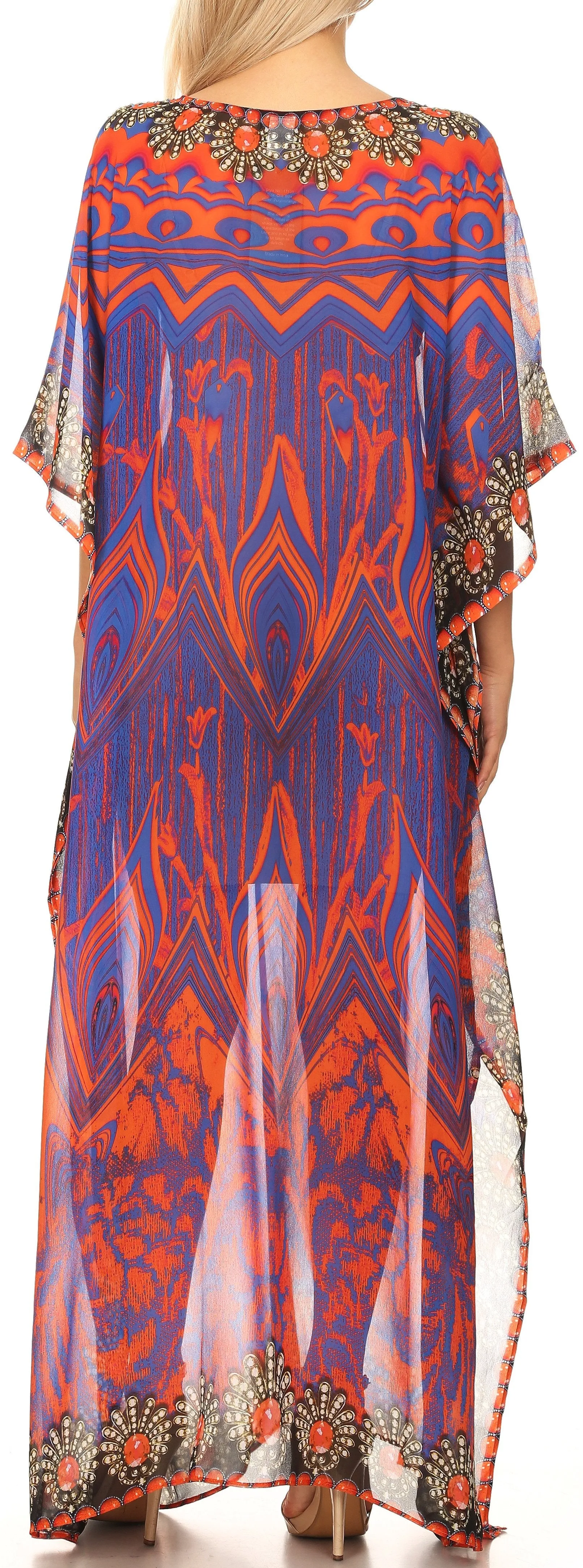 Sakkas Wilder Printed Design Long Sheer Rhinestone Caftan Dress / Cover Up