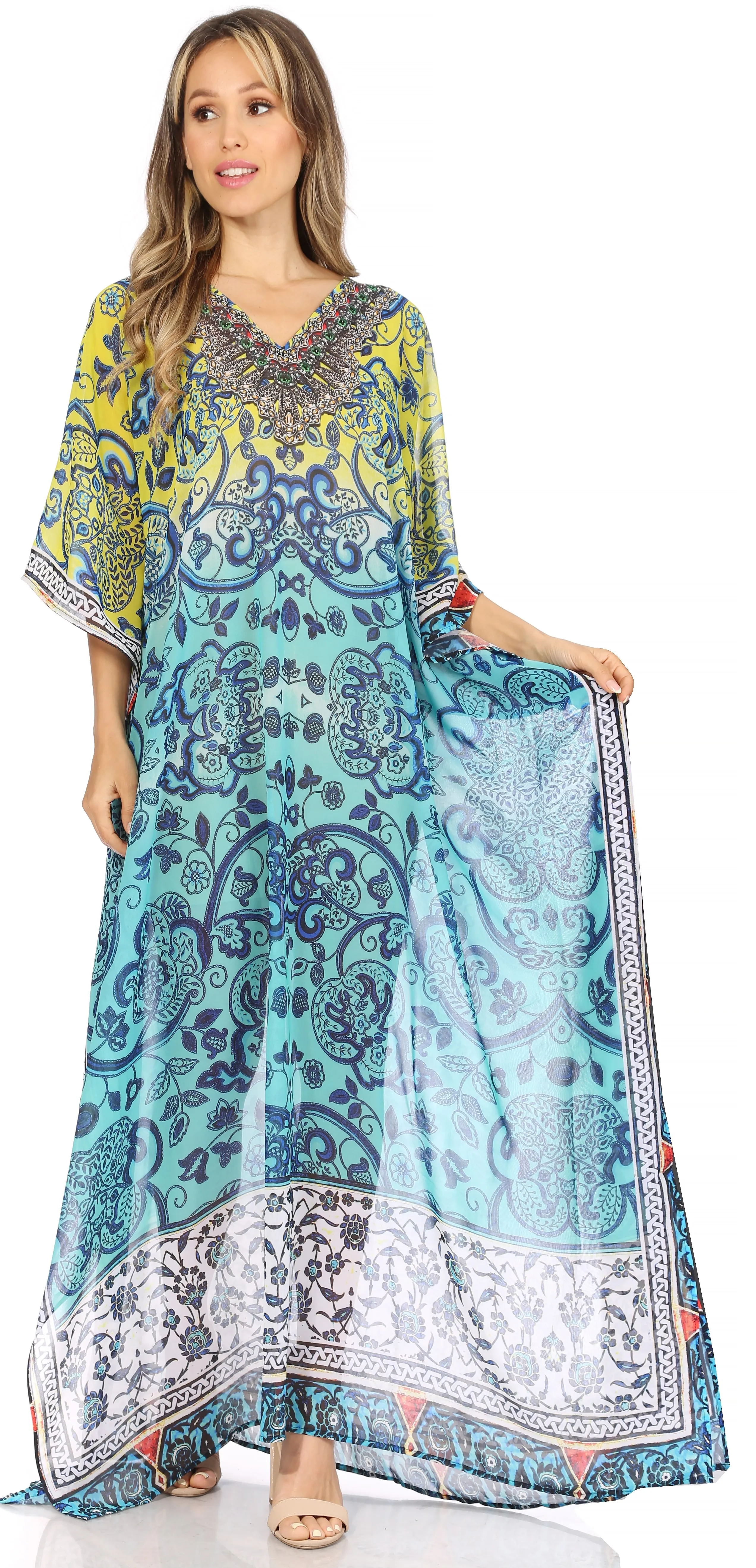 Sakkas Wilder Printed Design Long Sheer Rhinestone Caftan Dress / Cover Up