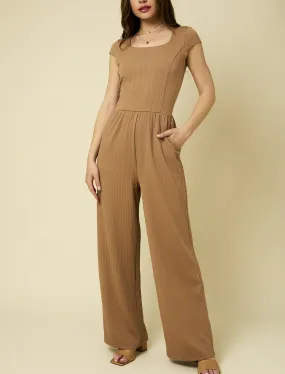 Samantha Textured Short Sleeve Elastic Waist Jumpsuit in Tan