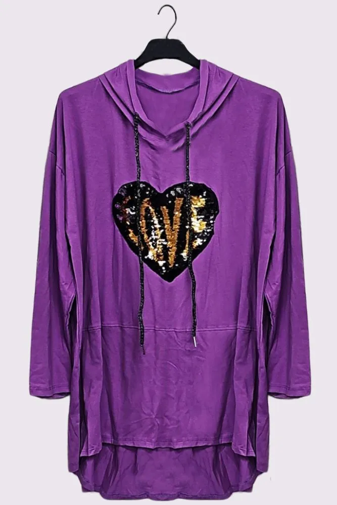 Sequin Love Heart Motif High Low Hem Cotton Hoody