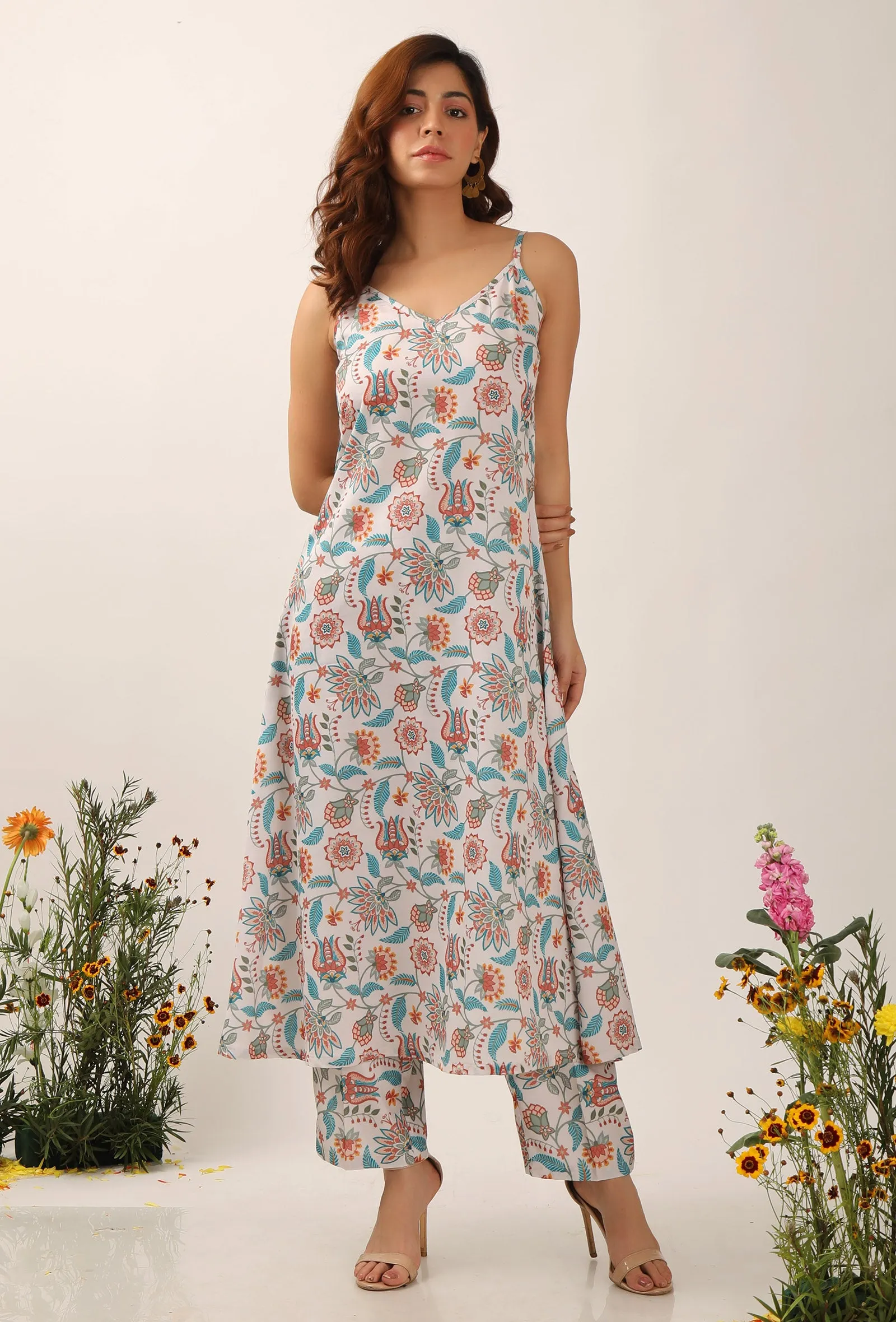 Set Of 2: Lilybeth Floral Chintz Aline Kurta Dress With Narrow Fit Pants