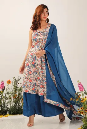 Set Of 3: Bella Floral Chintz Cowl Neck Kurta Dress With Organza Pallazo Pants & Organza Dupatta