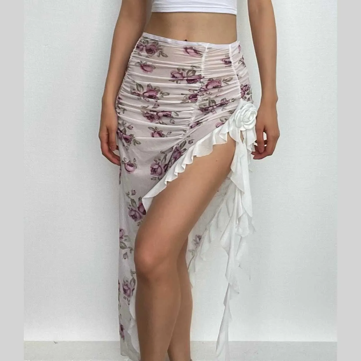 Sheer mesh see through flower print ruched slit midi skirt