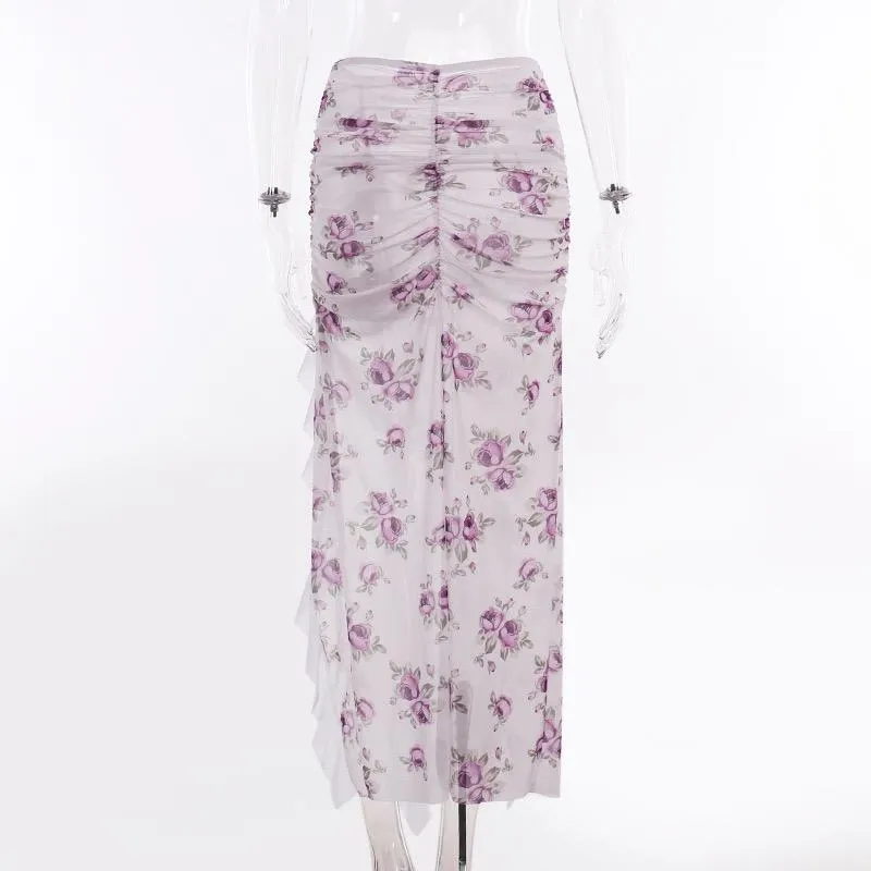 Sheer mesh see through flower print ruched slit midi skirt