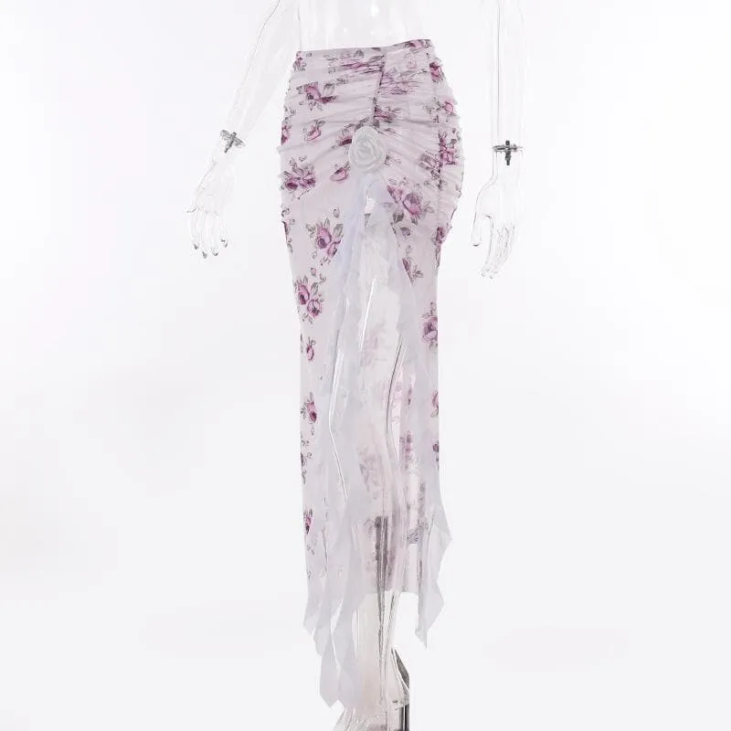 Sheer mesh see through flower print ruched slit midi skirt