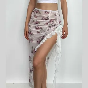 Sheer mesh see through flower print ruched slit midi skirt