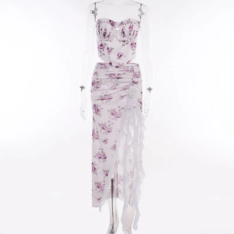 Sheer mesh see through flower print ruched slit midi skirt