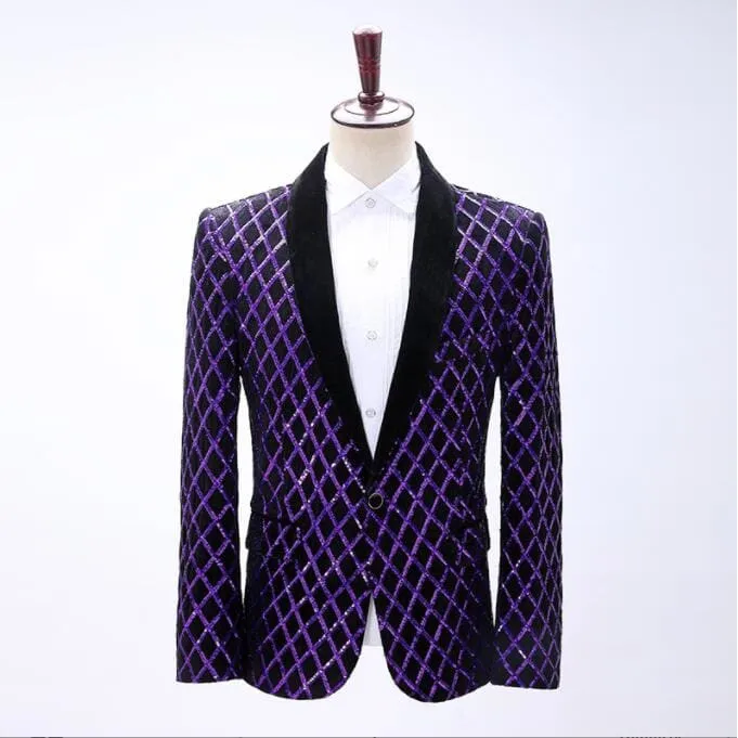 Shiny Sequins Shawl Collar One Button Glitter Party Men Blazer