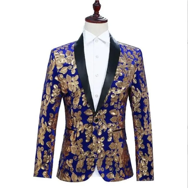 Shiny Sequins Shawl Collar One Button Glitter Party Men Blazer