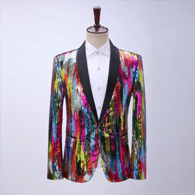 Shiny Sequins Shawl Collar One Button Glitter Party Men Blazer