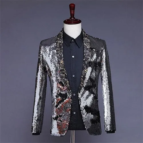 Shiny Sequins Shawl Collar One Button Glitter Party Men Blazer