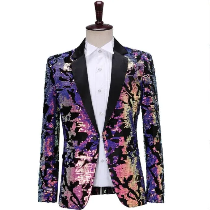 Shiny Sequins Shawl Collar One Button Glitter Party Men Blazer