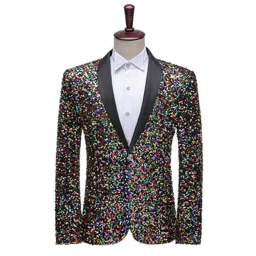 Shiny Sequins Shawl Collar One Button Glitter Party Men Blazer