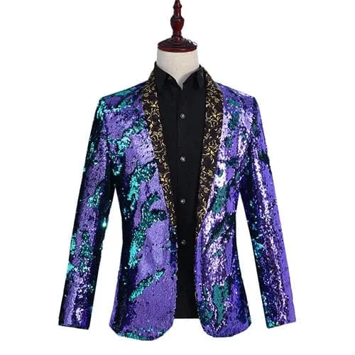 Shiny Sequins Shawl Collar One Button Glitter Party Men Blazer