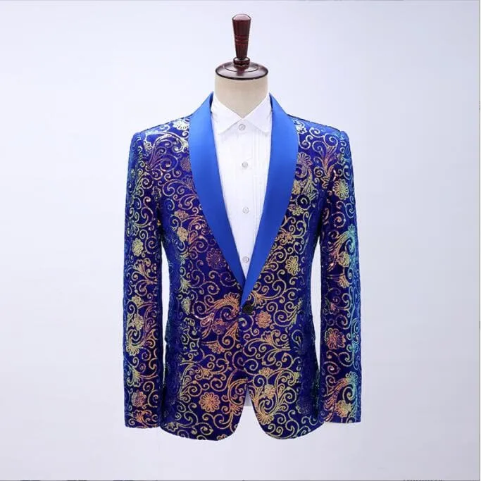 Shiny Sequins Shawl Collar One Button Glitter Party Men Blazer