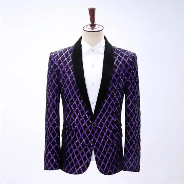 Shiny Sequins Shawl Collar One Button Glitter Party Men Blazer