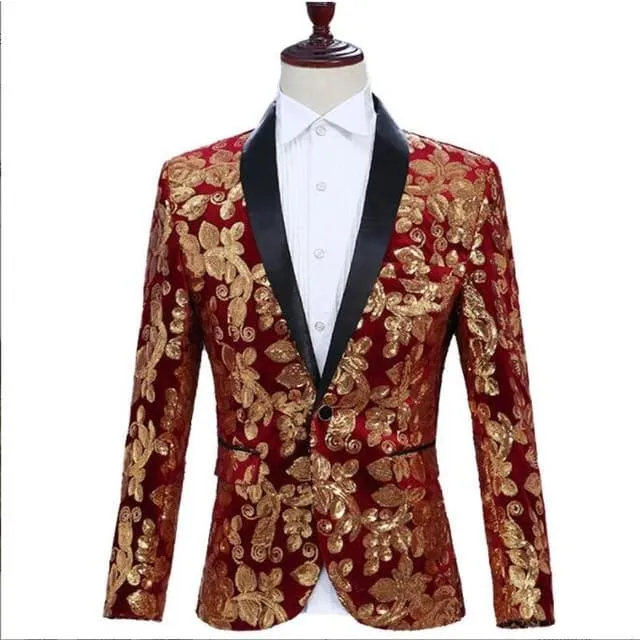 Shiny Sequins Shawl Collar One Button Glitter Party Men Blazer