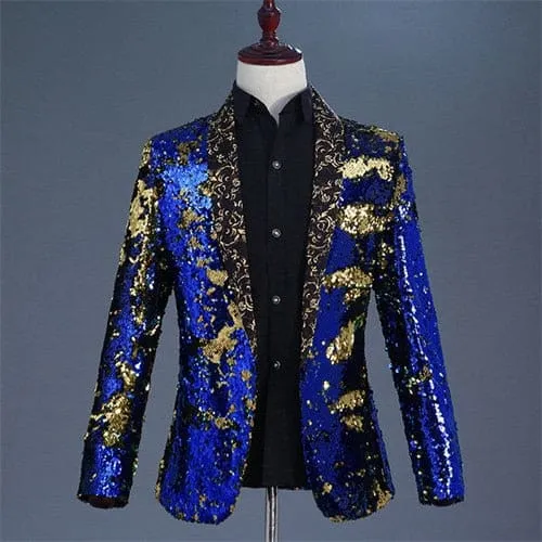 Shiny Sequins Shawl Collar One Button Glitter Party Men Blazer