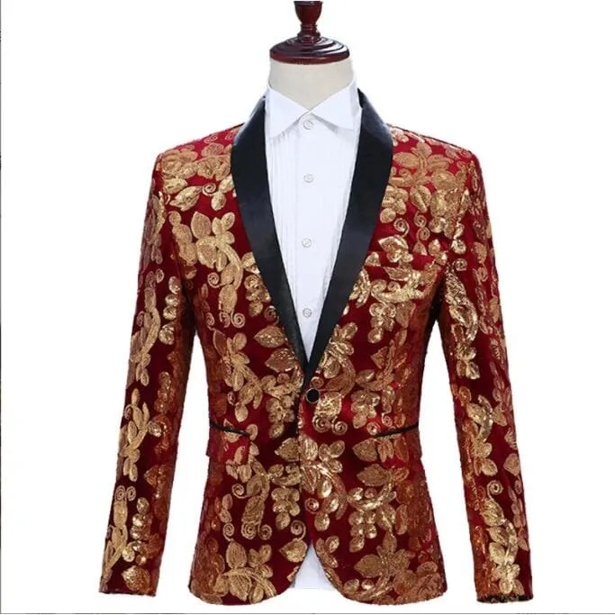 Shiny Sequins Shawl Collar One Button Glitter Party Men Blazer