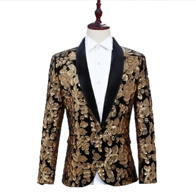 Shiny Sequins Shawl Collar One Button Glitter Party Men Blazer