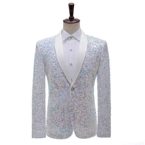 Shiny Sequins Shawl Collar One Button Glitter Party Men Blazer