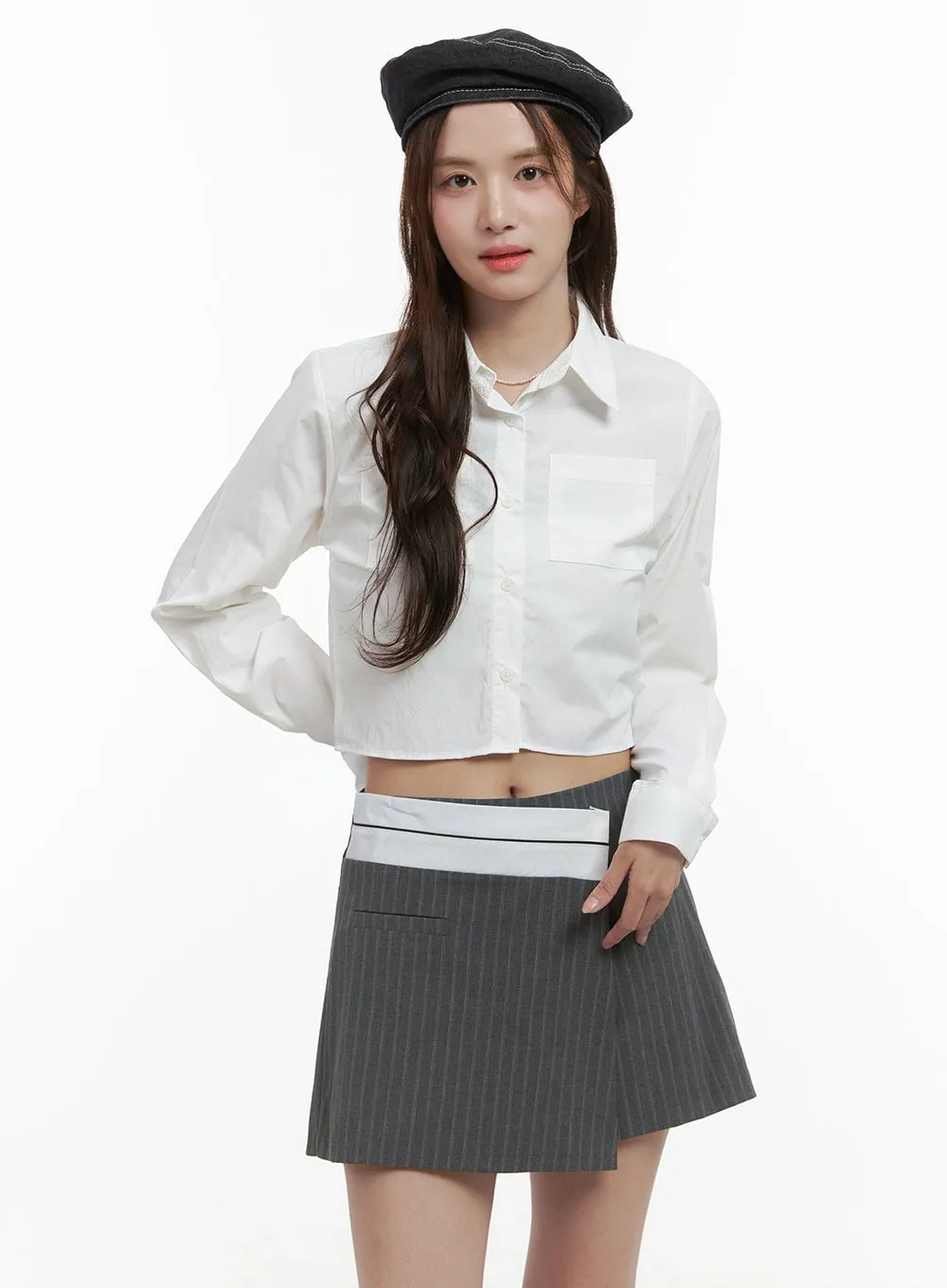 Sleek Collar Pocket Crop Shirt OS416