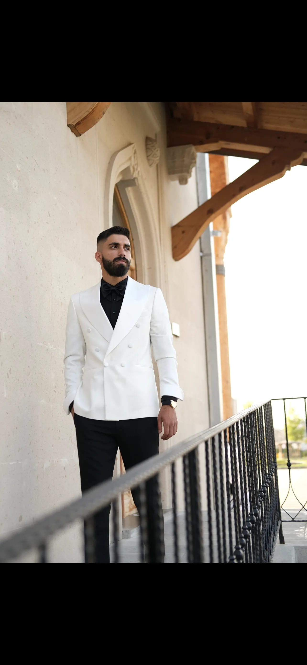 Slim Fit Off White Double Breasted Tuxedo White Buttons | Peak Lapel