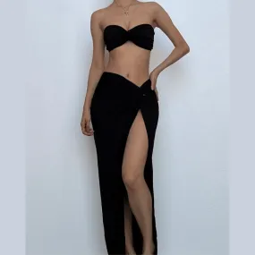 Slit knotted solid sweetheart neck tube midi skirt set