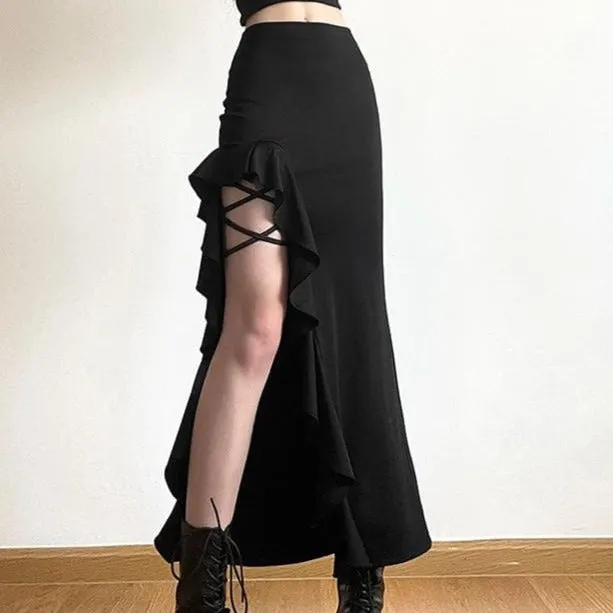 Slit ruffle medium rise solid lace up irregular midi skirt