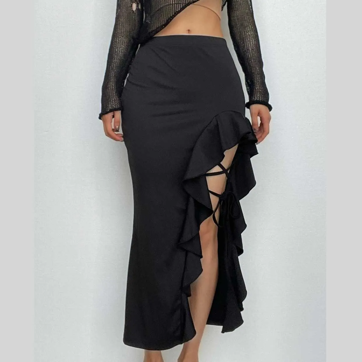 Slit ruffle medium rise solid lace up irregular midi skirt