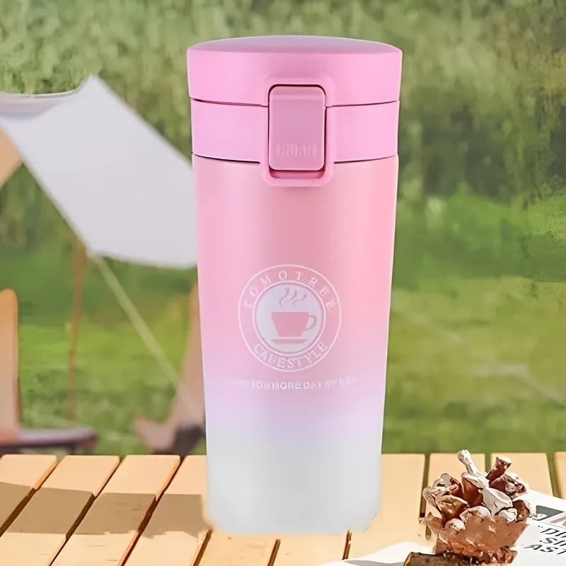 Stainless Steel Insulated Travel Mug, 12.85oz Double-Wall Vacuum Flask with Filter Net, Letter Print, Hand Wash, Oval Shape, Reusable, Winter-Themed for Adults - Ideal for Camping & Hiking