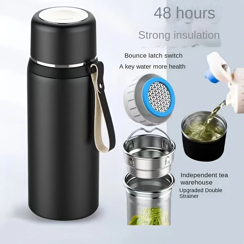 Stainless Steel Insulated Water Bottle with Tea Infuser - Large Capacity, Dual Lids for Men & Women, Portable & Spill-Proof, Perfect for Outdoor Activities & Gifts